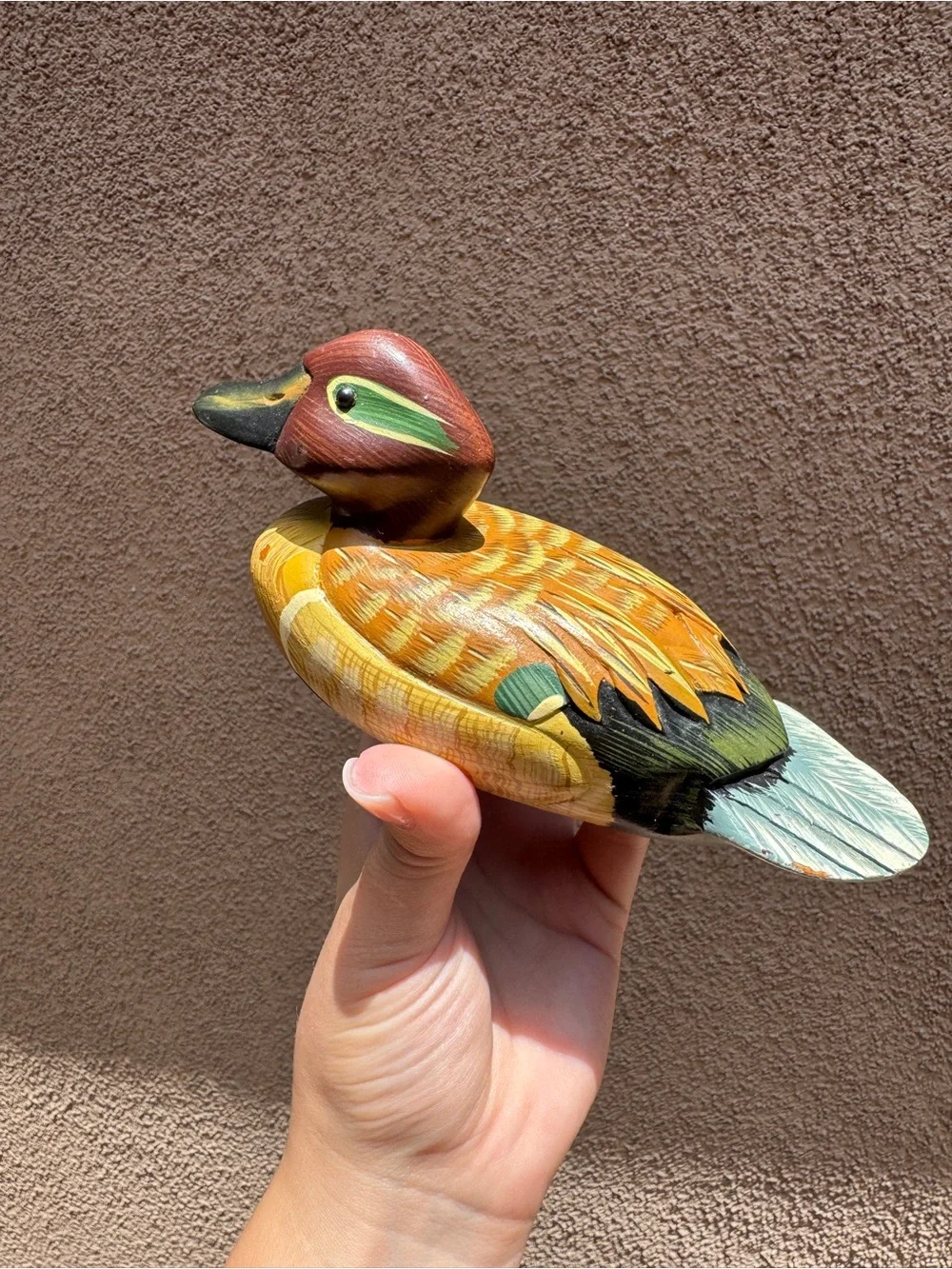Hand-Painted Wooden Duck Figurine - Brown & Green